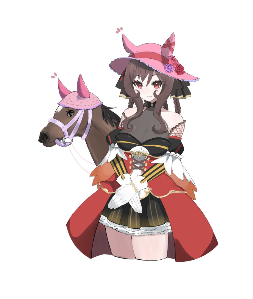1girl, 1other, animal_ears, babie, bare_shoulders, beanie, black_skirt, braid, braided_hair_rings, breasts, bridle, brown_hair, corset, creature_and_personification, flower, gentildonna_(racehorse), gentildonna_(umamusume), gloves, hair_rings, hat, hat_flower, highres, horse, horse_ears, horse_girl, large_breasts, looking_at_viewer, personification, pink_flower, pink_hat, pink_rose, purple_flower, purple_rose, real_life, red_eyes, red_flower, red_rose, rose, sidelocks, simple_background, skirt, sun_hat, umamusume, white_background, white_gloves