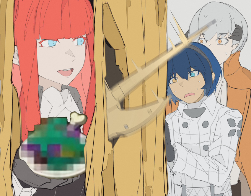 1girl, 2boys, :d, ascot, blue_eyes, brown_coat, censored, censored_food, coat, colored_eyelashes, dark-skinned_male, dark_skin, food, gloves, grey_gloves, grey_headband, headband, here's_johnny!_(meme), heterochromia, highres, holding, holding_food, horns, hulkenberg_(metaphor:_refantazio), long_hair, looking_at_another, meme, metaphor:_refantazio, multiple_boys, open_mouth, orange_eyes, protagonist_(metaphor:_refantazio), scared, short_hair, smile, strohl_(metaphor:_refantazio), sweat, white_ascot, white_coat, wide-eyed, yinke