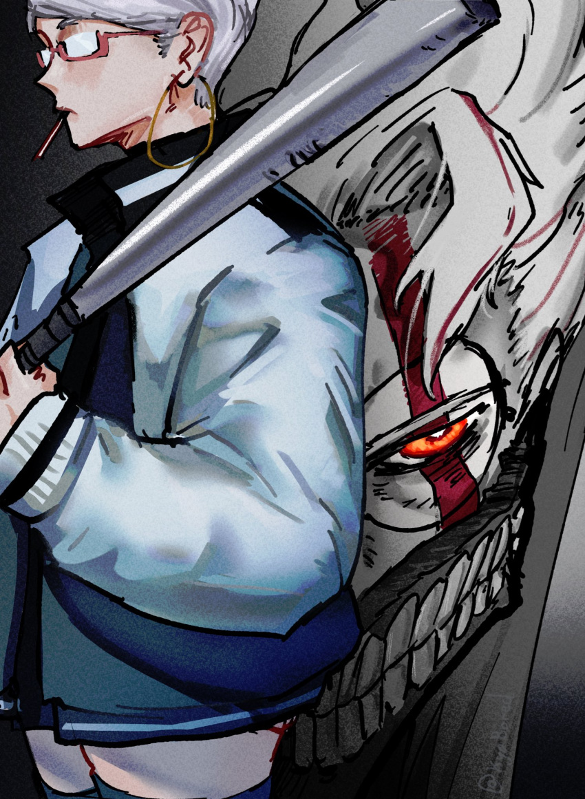 1boy, 1girl, alternate_form, ayase_seiko, baseball_bat, dandadan, facial_mark, glasses