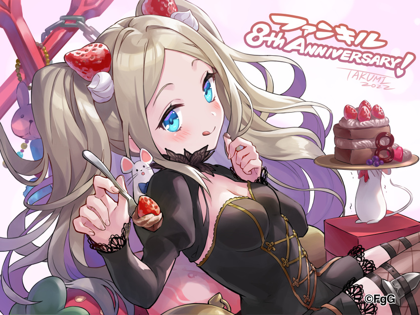 1girl, :q, absurdres, anniversary, artist_name, black_dress, blue_bow, blue_bowtie