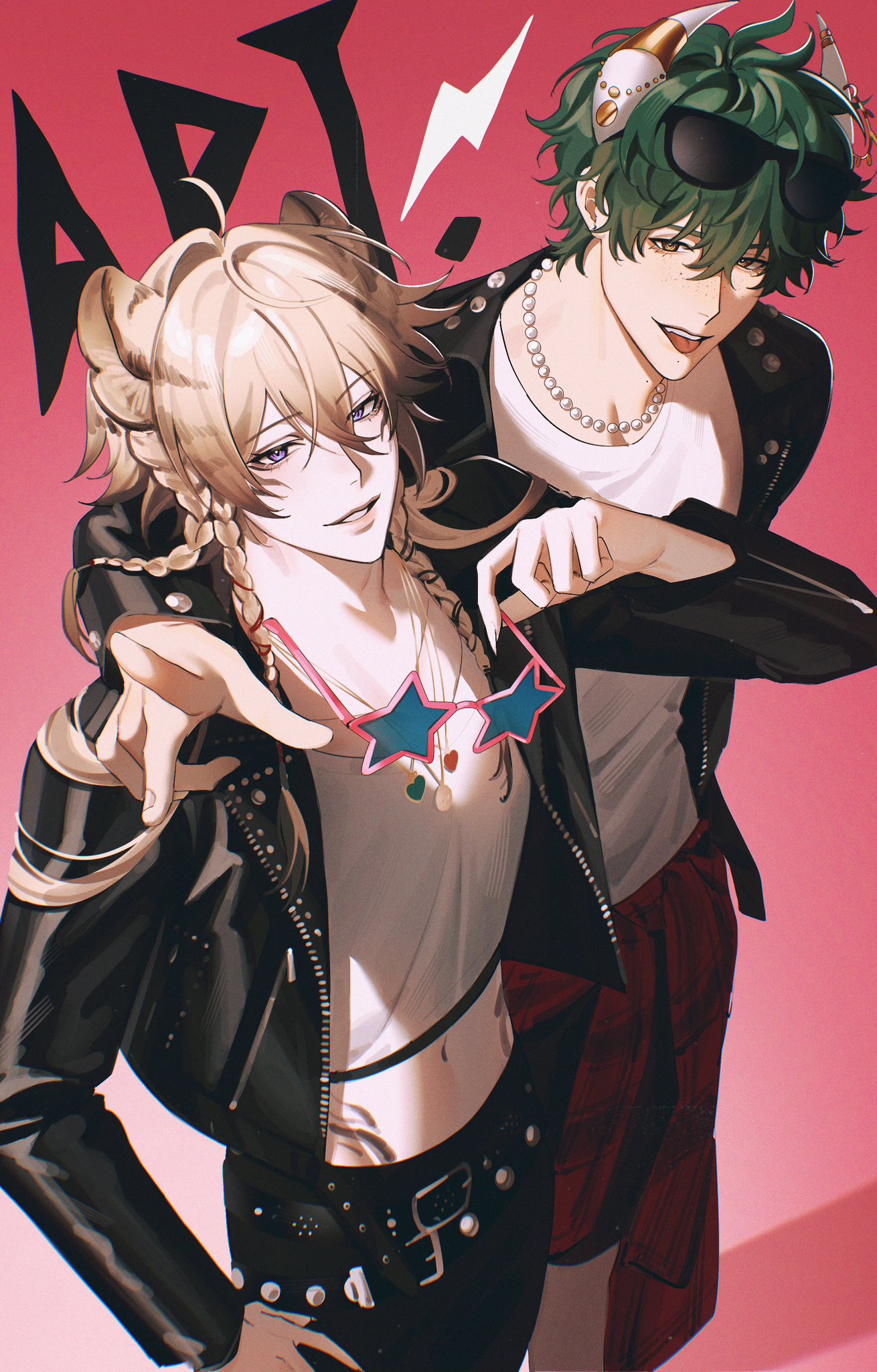 2boys, algorhythm_project, animal_ears, bead_necklace, beads, black_jacket, black_pants, blonde_hair, braid, clothes_around_waist, crop_top, demon_horns, eyewear_on_head, gradient_background, green_hair, highres, holding, holding_removed_eyewear, horns, jacket, jaguar_ears, jewelry, long_hair, long_sleeves, male_focus, midriff, montaro, morr_(algorhythm_project), multiple_boys, navel, necklace, pants, pink_background, quentin_(algorhythm_project), red_background, shirt, smile, star-shaped_eyewear, star_(symbol), sunglasses, tongue, tongue_out, twin_braids, unworn_eyewear, violet_eyes, virtual_youtuber, white_shirt, yellow_eyes