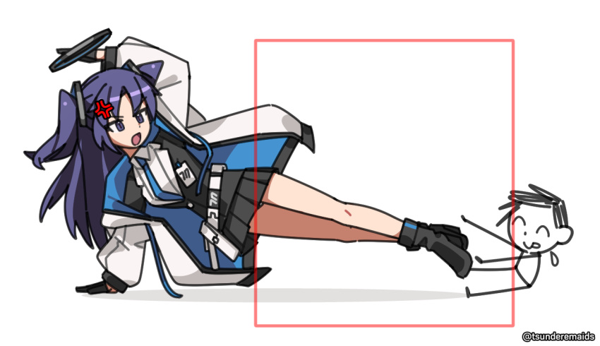 1boy, 1girl, ^_^, anger_vein, artist_name, belt, black_footwear, black_gloves