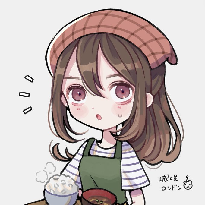 1girl, :o, apron, blush, bowl, brown_eyes, brown_hair, commentary_request