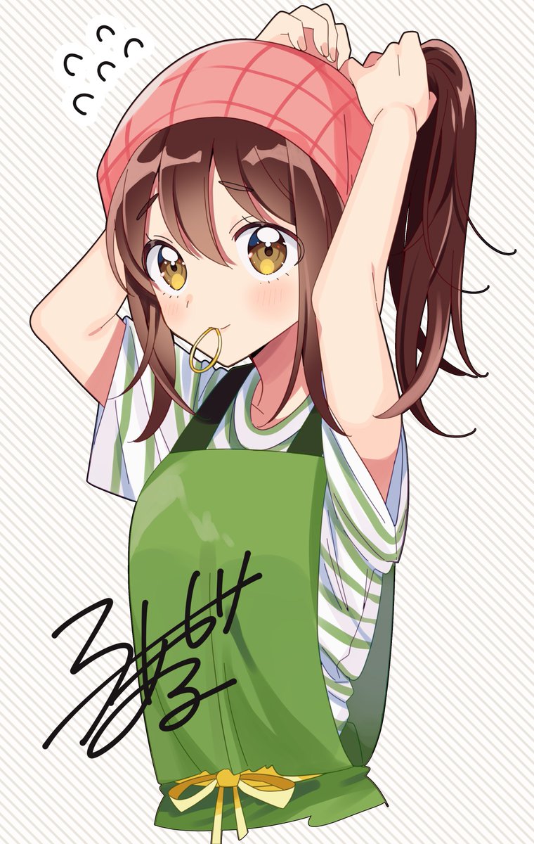 1girl, apron, arms_up, blush, brown_hair, closed_mouth, commentary_request, cropped_torso