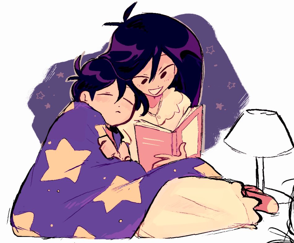 1boy, 1girl, black_eyes, black_hair, blanket, blush, book, brother_and_sister
