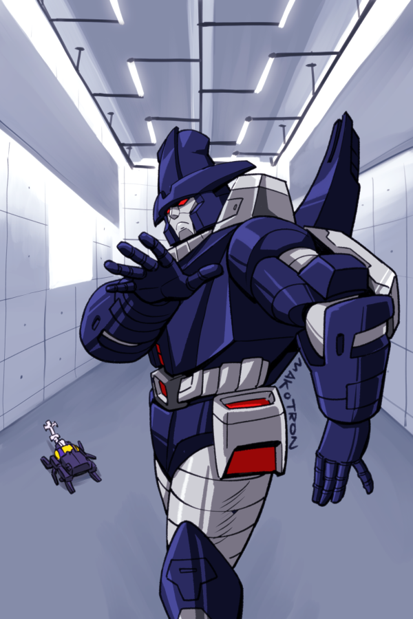 bombshell_(transformers), decepticon, english_commentary, frown, galvatron, indoors, jamiroquai, looking_at_viewer, makoto_ono, mecha, mecha_focus, open_hand, parody, red_eyes, robot, transformers, transformers:_generation_1, virtual_insanity_(song)