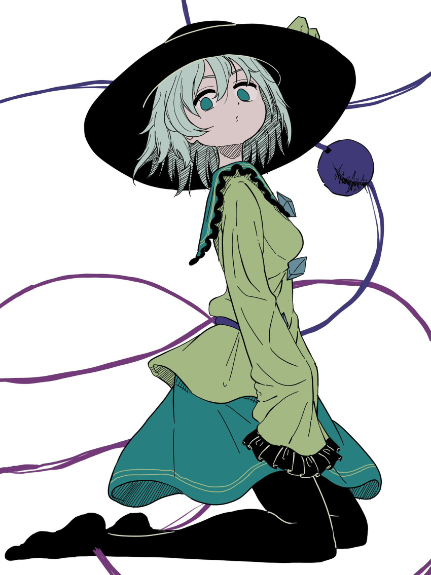 1girl, black_hat, black_pantyhose, from_side, full_body, green_eyes, green_shirt, green_skirt