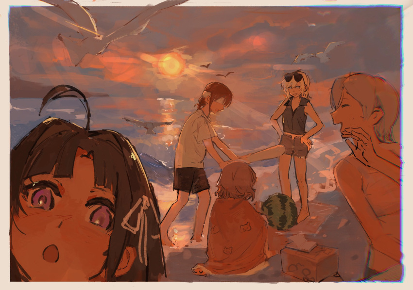 ahoge, awa_subaru, beach, bird, black_hair, black_shorts, blindfold, book