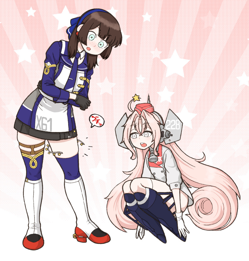 2girls, ballet_boots, bell, black_gloves, black_skirt, blue_hairband, blue_necktie, blue_ribbon