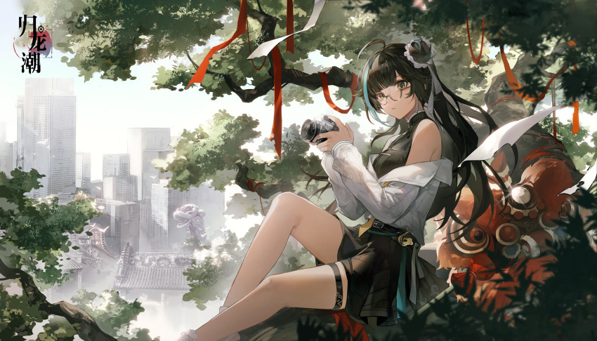 1girl, :/, ahoge, bare_shoulders, belt, black_belt, black_eyes, black_hair