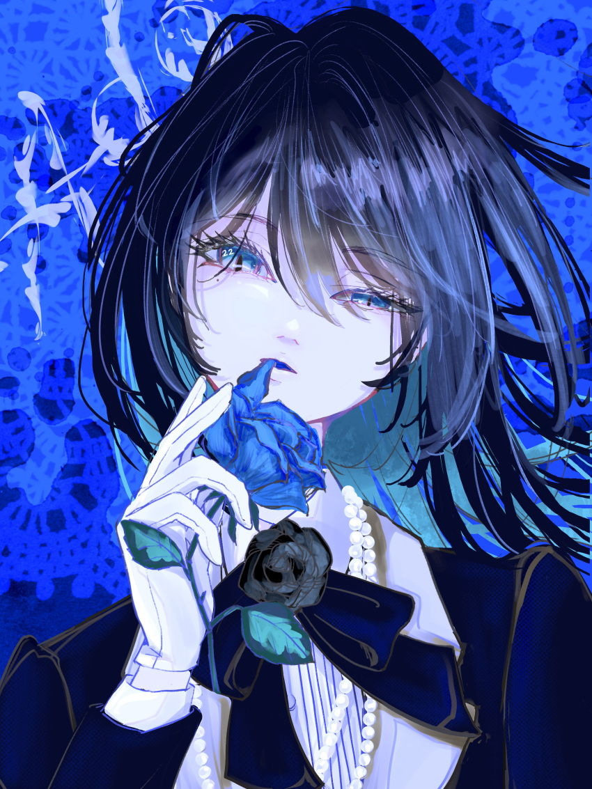 1girl, absurdres, ado_(utaite), bead_necklace, beads, black_bow, black_bowtie, black_flower, black_hair, black_rose, blue-framed_eyewear, blue_eyes, blue_flower, blue_hair, blue_rose, bow, bowtie, cco_(mizutama_ma), chando_(ado), character_name, collared_shirt, colored_inner_hair, commentary_request, flower, flower_brooch, gloves, hair_between_eyes, highres, jewelry, long_sleeves, looking_at_viewer, mole, mole_under_eye, multicolored_hair, necklace, parted_lips, rose, shirt, solo, upper_body, utaite, white_gloves, white_shirt