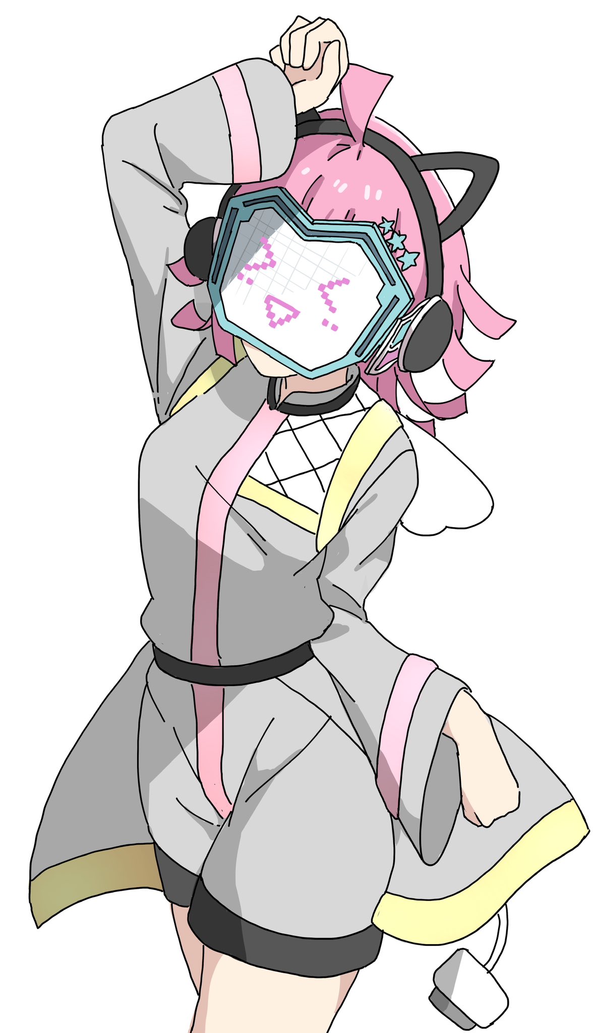 >_<, 1girl, :d, ahoge, animal_ear_headphones, animal_ears, arm_up, bien_(djpwjd1)