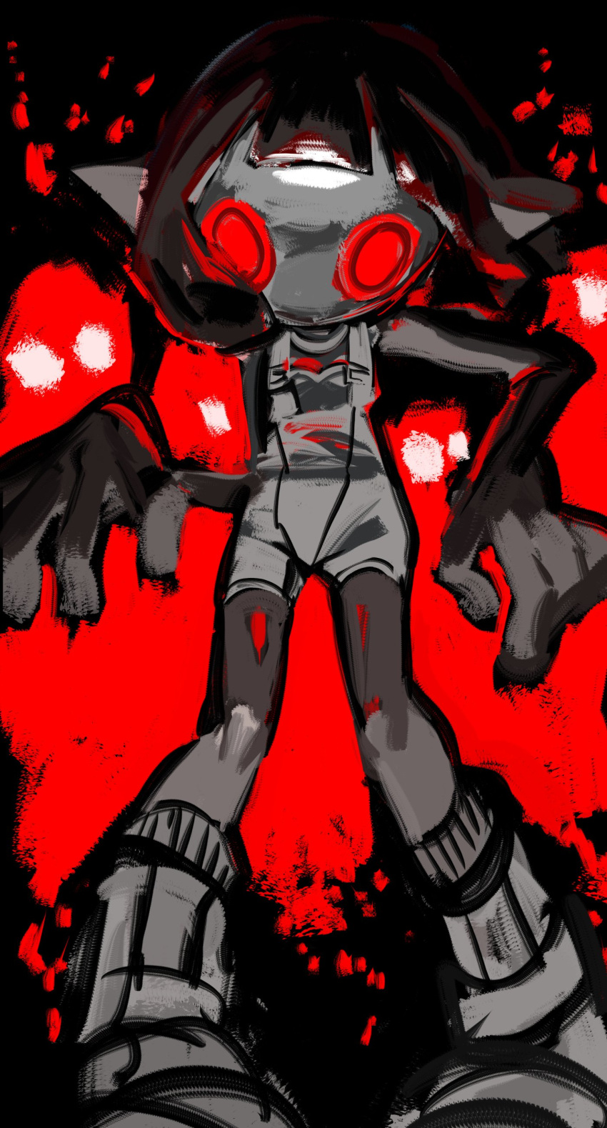 1girl, absurdres, bodysuit, colored_skin, d0000_ff, full_body, grey_skin, highres, mask, parallel_canon, red_eyes, sleeveless, sleeveless_bodysuit, splatoon_(series), splatoon_3, splatoon_3:_side_order, tentacle_hair, white_bodysuit, white_footwear