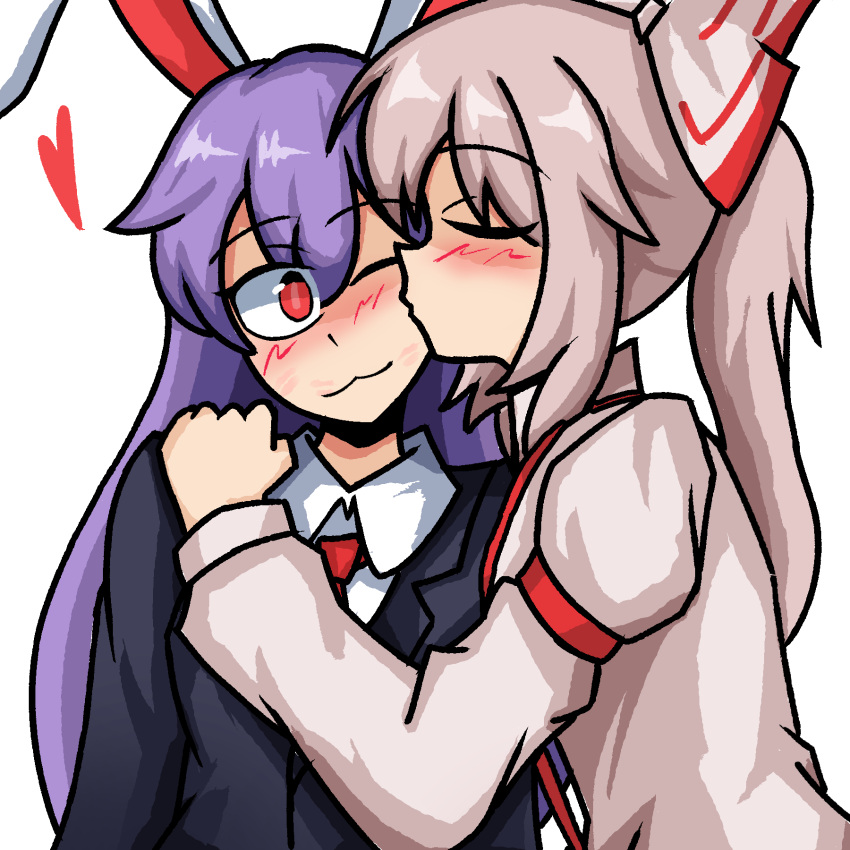 2girls, ;3, animal_ears, black_jacket, blazer, blush, bow, closed_eyes