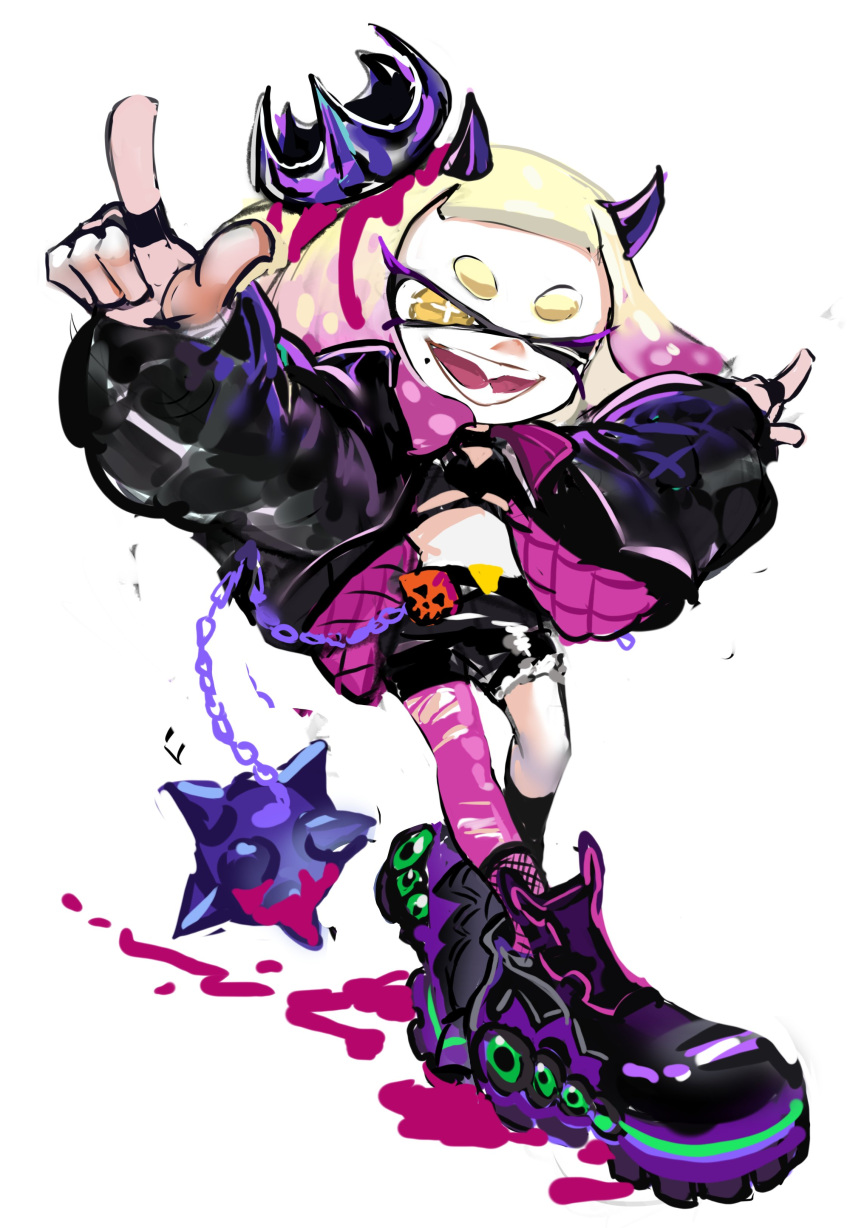 absurdres, alternate_costume, asymmetrical_clothes, ball_and_chain_(weapon), crown, d0000_ff, demon_horns, fishnets