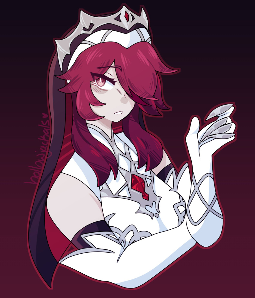 1girl, bare_shoulders, breasts, bright_pupils, claw_ring, commentary, cropped_torso, elbow_gloves