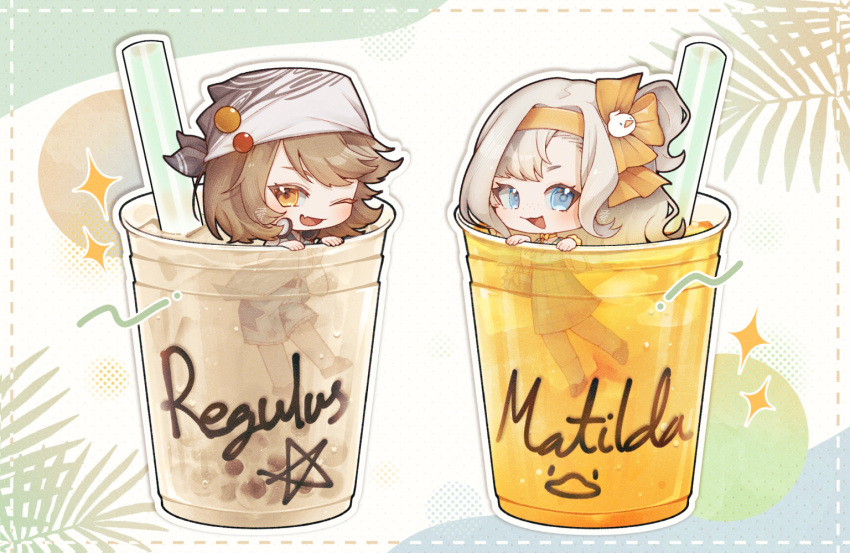 2girls, :d, ;d, blue_eyes, blue_shorts, brown_hair, bubble_tea, character_name, chibi, circle, cup, disposable_cup, dress, drink, drinking_straw, fang, green_dress, grey_hair, hairband, headscarf, in_container, in_cup, looking_at_viewer, matilda_bouanich, medium_hair, multiple_girls, official_alternate_costume, one_eye_closed, one_side_up, orange_eyes, oversized_food, oversized_object, partially_submerged, paxio44, plant, regulus_(reverse:1999), reverse:1999, shirt, short_hair, shorts, skin_fang, sleeveless, sleeveless_shirt, smile, sparkle, white_background, yellow_hairband