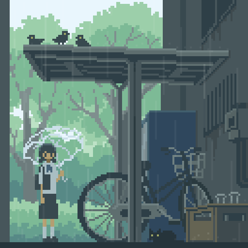 1girl, animal, animated, animated_gif, bicycle, bird, black_skirt, building