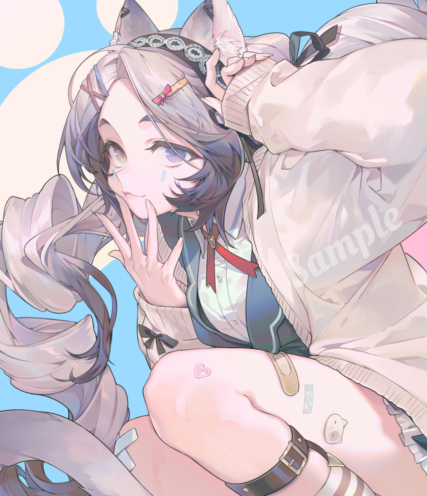 1girl, animal_ear_fluff, animal_ear_piercing, animal_ears, bandages, bandaid, bandaid_on_leg, belt_buckle, black_hairband, blue_background, bow, breasts, buckle, buttons, cat_ears, cat_face_sticker, cat_tail, collared_shirt, finger_to_mouth, gradient_hair, grey_hair, hair_bow, hair_ornament, hairband, hairpin, headband, heart_stickers, heterochromia, highres, jacket, leg_belt, long_hair, looking_at_viewer, mark_under_both_eyes, multicolored_hair, naku_(naku999ziye), shirt, sleeves_past_wrists, socks, solo, sticker, striped_clothes, striped_socks, tail, twintails, vest, violet_eyes, white_shirt, x_hair_ornament, yellow_eyes