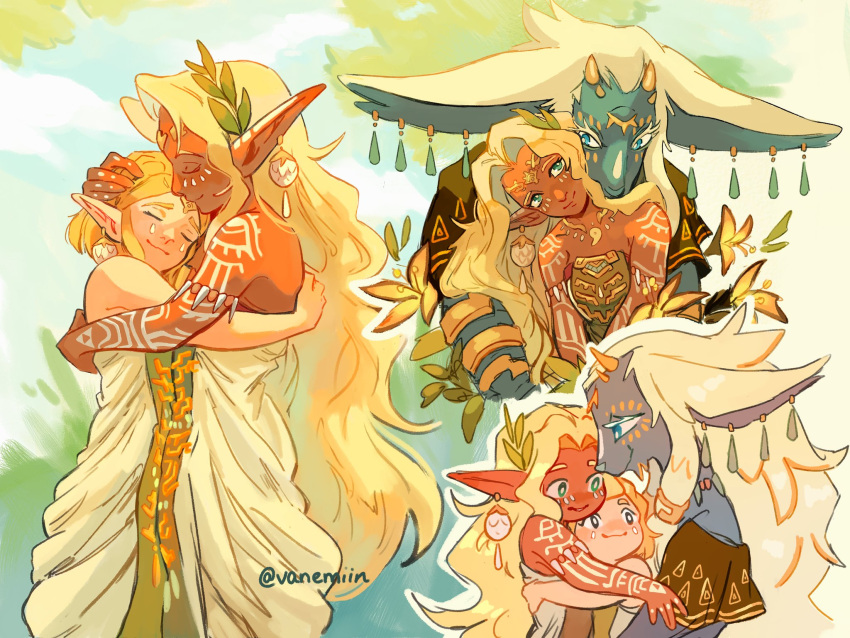 1boy, 2girls, arm_tattoo, bare_arms, blonde_hair, blue_eyes, bob_cut, chibi, closed_eyes, curtained_hair, dark-skinned_female, dark_skin, earrings, facial_mark, floating_earring, furry, hair_ornament, hand_on_another's_head, highres, hug, hug_from_behind, jewelry, leaf_hair_ornament, long_hair, long_pointy_ears, looking_at_another, middle_part, multicolored_background, multiple_girls, multiple_views, mutual_hug, necklace, pointy_ears, rauru_(tears_of_the_kingdom), short_hair, sonia_(zelda), strapless, tattoo, the_legend_of_zelda, the_legend_of_zelda:_tears_of_the_kingdom, tunic, twitter_username, vanemiin, very_long_hair, wavy_hair