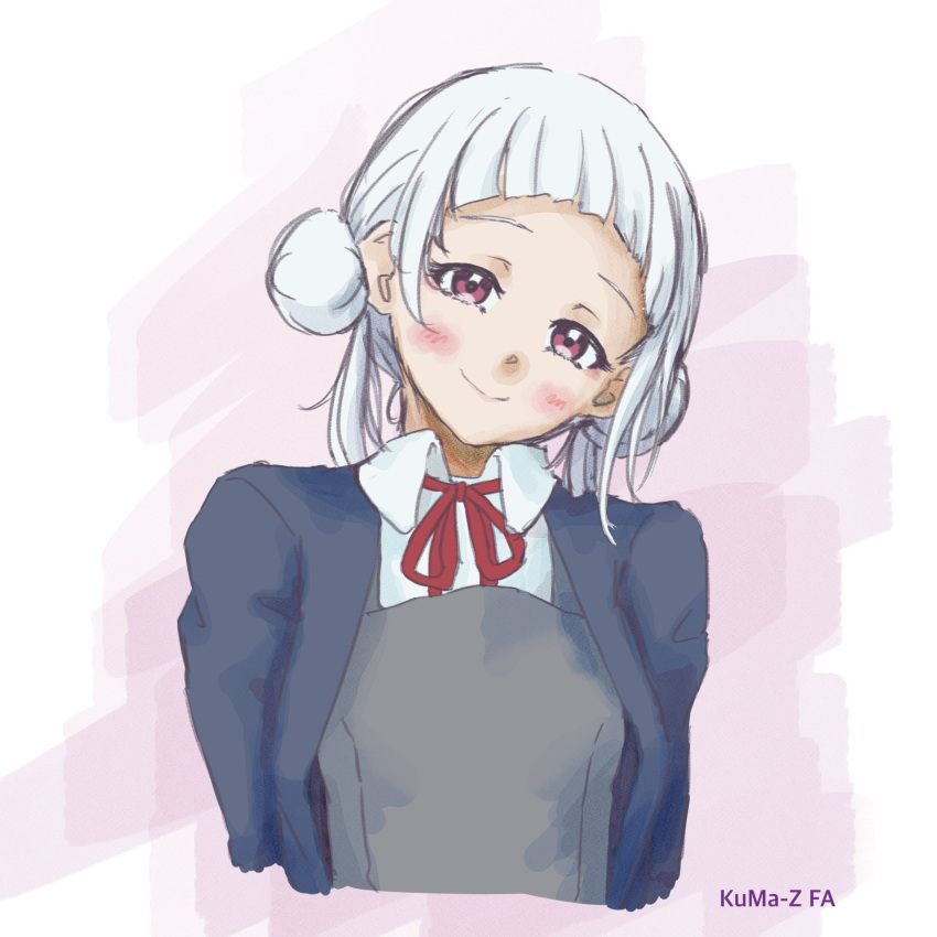 1girl, alt_text, arashi_chisato, arched_bangs, artist_name, blue_jacket, blush, border, closed_mouth, collared_shirt, commentary_request, cropped_torso, double_bun, dress, dress_shirt, grey_dress, hair_bun, highres, jacket, kuma-z, long_hair, long_sleeves, looking_at_viewer, love_live!, love_live!_superstar!!, neck_ribbon, open_clothes, open_jacket, pink_background, red_eyes, red_ribbon, ribbon, school_uniform, shirt, smile, solo, split_mouth, twintails, white_border, white_hair, white_shirt, winter_uniform, yuigaoka_school_uniform
