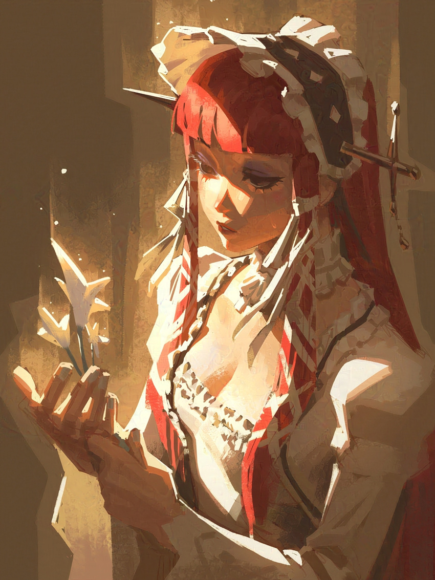 1girl, analogous_colors, bloom, choker, classic_lolita, commentary, dagger, dress