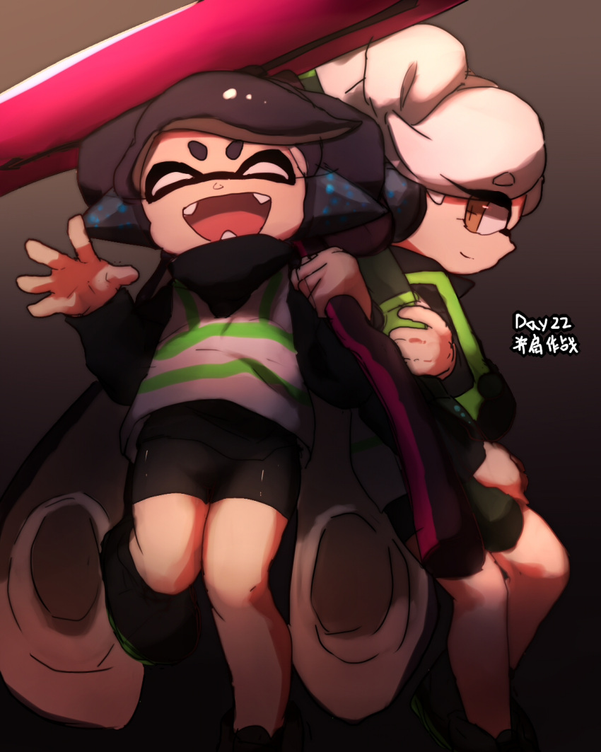 2girls, agent_3_(splatoon), agent_3_(splatoon)_(cosplay), callie_(splatoon), closed_eyes, cosplay, fangs, hero_charger_(splatoon)
