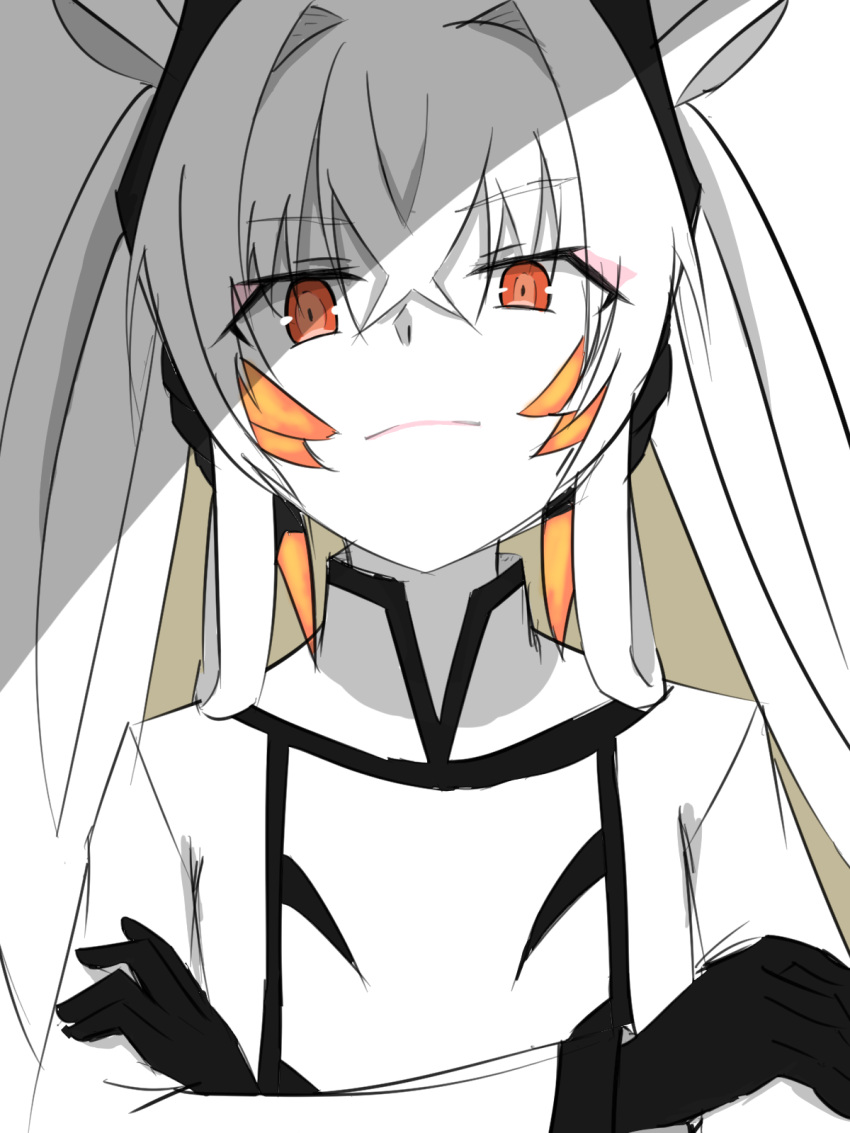 1girl, closed_mouth, colored_skin, commentary_request, crossed_arms, crossed_bangs, hair_between_eyes, hair_intakes