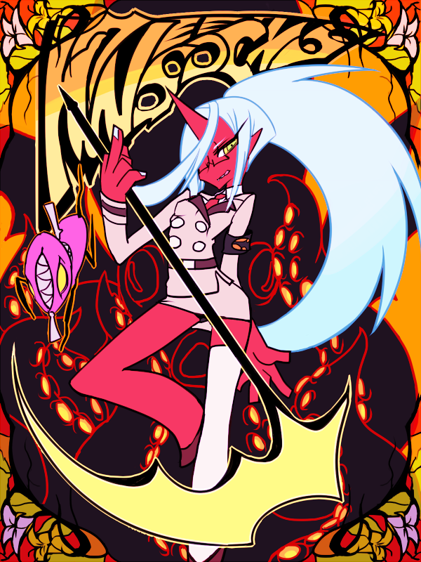 blue_hair, demon_girl, double_gold_spandex, fastener, fastener_(psg), ghost_(psg), green_eyes, hair_over_one_eye