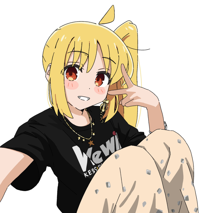 ahoge, alternate_costume, black_shirt, blonde_hair, blush, bocchi_the_rock!, high_side_ponytail, highres