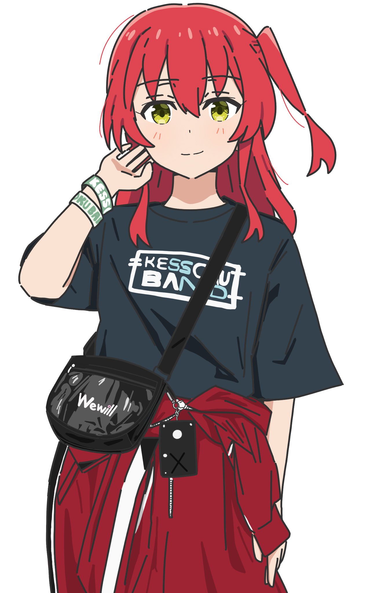alternate_costume, black_shirt, bocchi_the_rock!, clothes_around_waist, highres, jacket, jacket_around_waist, kessoku_band, kita_ikuyo, nekokko_neko, nekoko_samurai, redhead, shirt, white_background, yellow_eyes