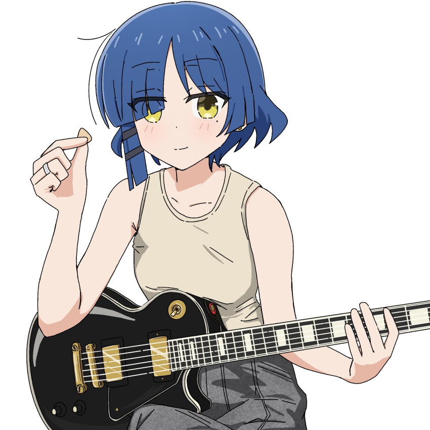 alternate_costume, blue_hair, bocchi_the_rock!, electric_guitar, guitar, highres, holding, holding_plectrum, instrument, light_smile, nekokko_neko, nekoko_samurai, plectrum, sleeveless, white_background, yamada_ryo, yellow_eyes