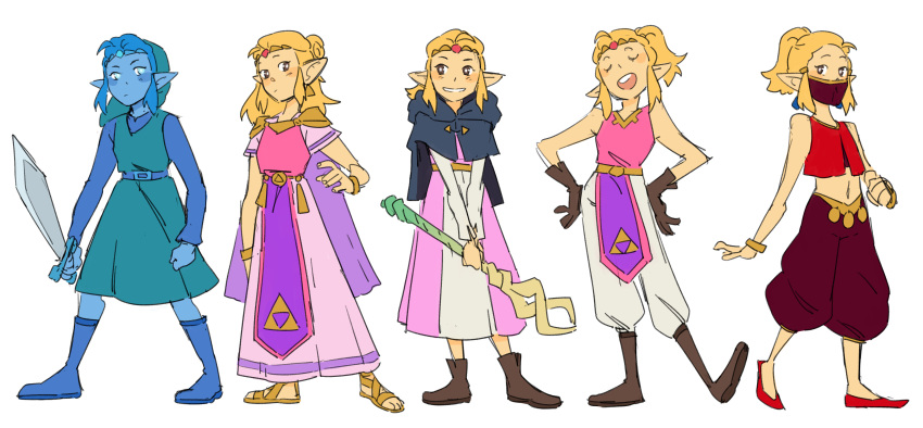 absurdres, blonde_hair, blueskittlesart, boots, brown_gloves, cloak, crop_top, dancing_outfit_(zelda)