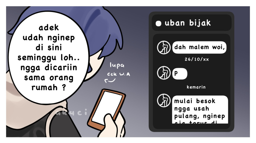 1girl, akaa_chi, belle_(zenless_zone_zero), blue_hair, chat_log, grey_shirt, hair_between_eyes, hair_ornament