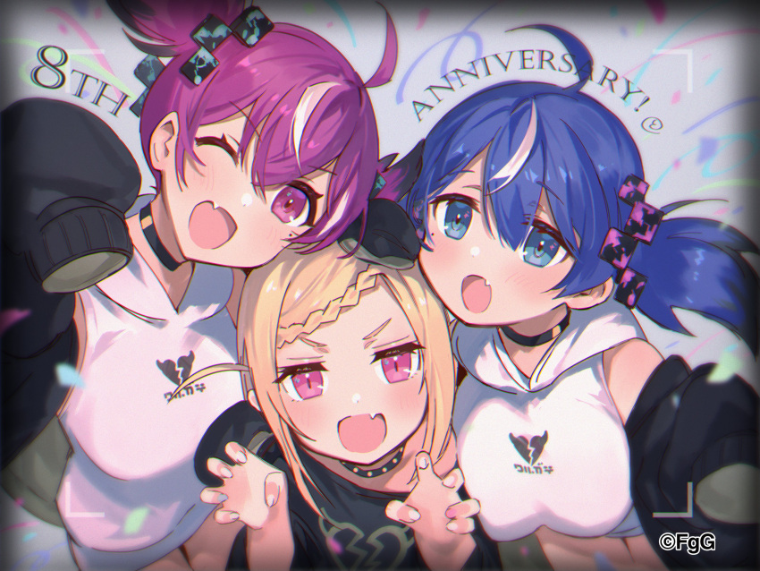 3girls, ;d, absurdres, ahoge, beagallta_(phantom_of_the_kill), black_choker, black_shirt, blonde_hair