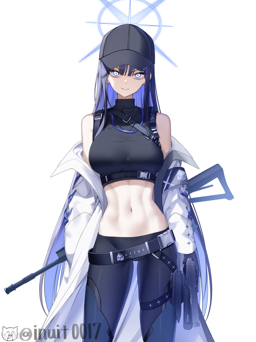 1girl, assault_rifle, bare_shoulders, belt, blue_archive, blue_eyes, blue_hair, blue_halo