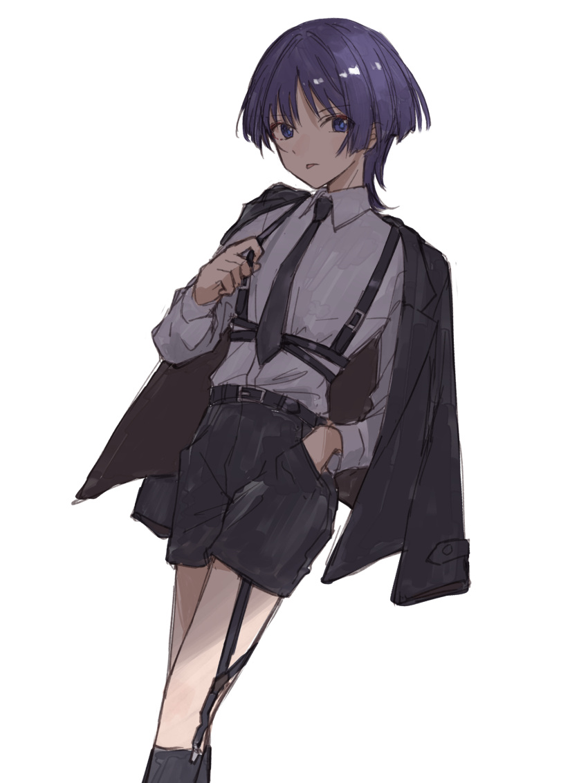 1boy, :p, absurdres, alternate_costume, belt, belt_pull, black_belt, black_jacket, black_necktie, black_shorts, black_sleeves, black_socks, blunt_ends, chest_harness, collared_shirt, dress_shirt, eyeliner, eyeshadow, feet_out_of_frame, garter_belt, genshin_impact, hair_intakes, hand_in_pocket, harness, highres, holding, holding_belt, jacket, jacket_on_shoulders, lapels, long_sleeves, looking_at_viewer, makeup, male_focus, necktie, purple_hair, purple_pupils, red_eyeliner, red_eyeshadow, scaramouche_(genshin_impact), shirt, shorts, socks, solo, thighs, tongue, tongue_out, violet_eyes, white_background, white_shirt, white_sleeves, yamabuki_(yamabuki_xxxxx)