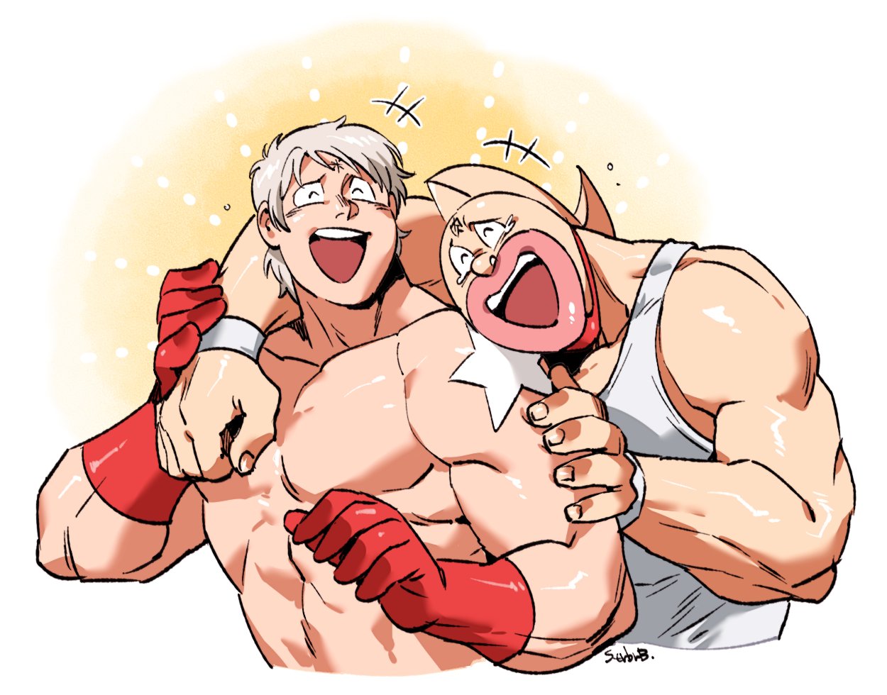 2024, 2boys, closed_eyes, gloves, grey_hair, hand_on_another's_shoulder, ich1go29, kinnikuman