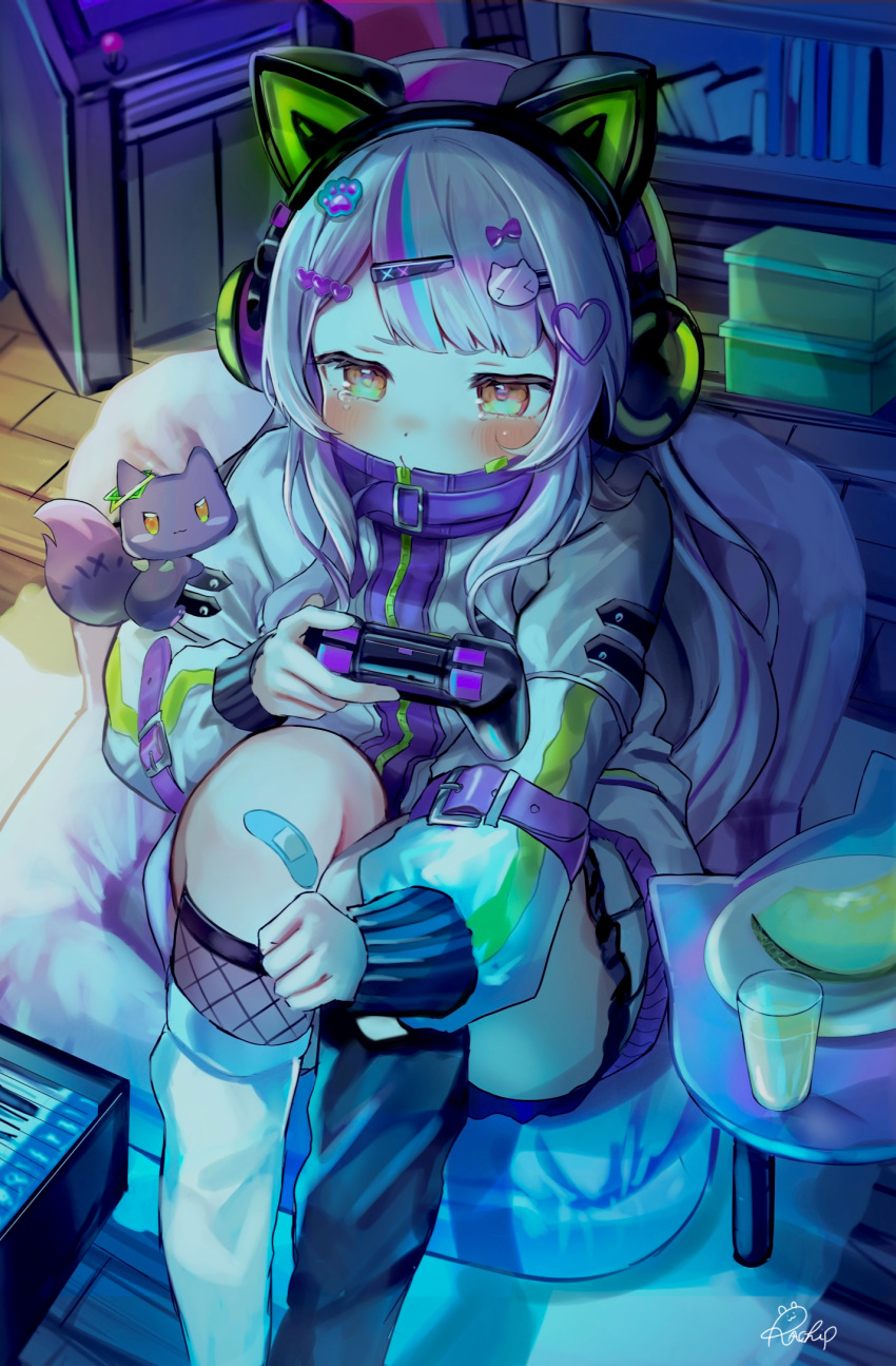 animal_ear_headphones, animal_ears, asymmetrical_legwear, bandaid, bandaid_on_leg, belt, blush, bow