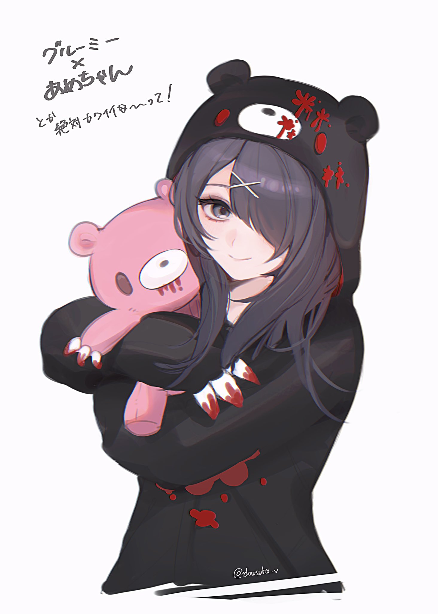 1girl, alternate_costume, ame-chan_(needy_girl_overdose), artist_name, black_eyes, black_hair, black_hoodie, blood