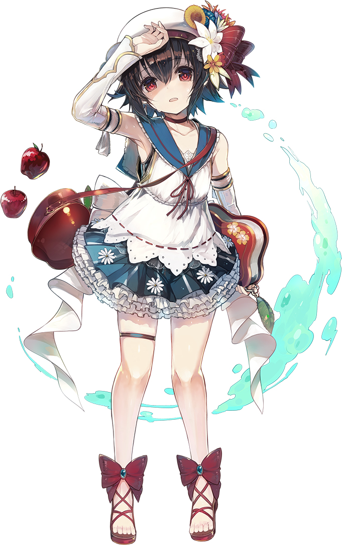 1girl, apple, bag, black_hair, book, detached_sleeves, flower, food