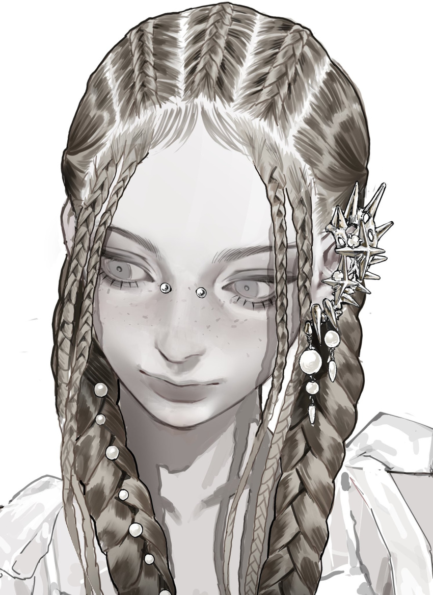braid, braided_bangs, braided_ponytail, bridge_piercing, collarbone, earrings, freckles, grey_eyes