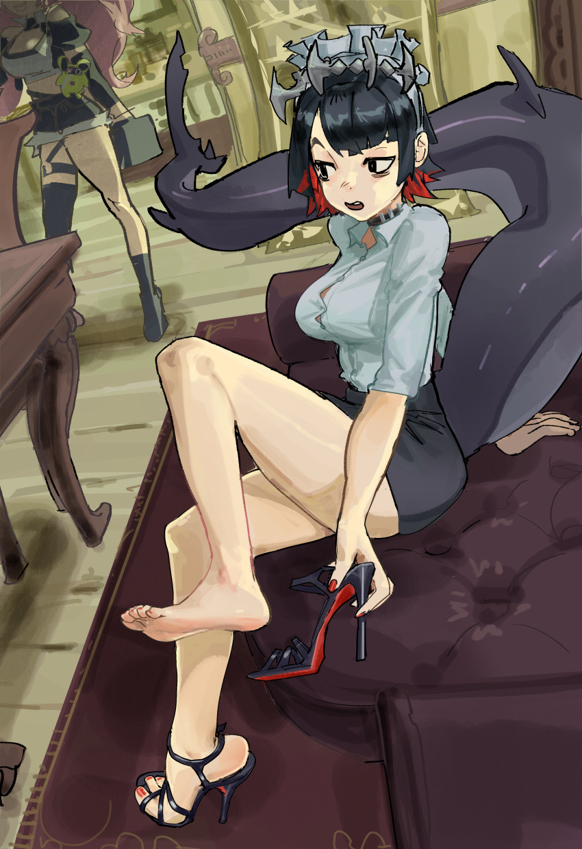 2girls, absurdres, brendon_paes, dress_shirt, ellen_joe, feet, fins, fish_tail, high_heels, highres, legs, multiple_girls, nicole_demara, office_lady, pencil_skirt, shark_tail, shirt, shoes, skirt, tail, unworn_shoes, zenless_zone_zero