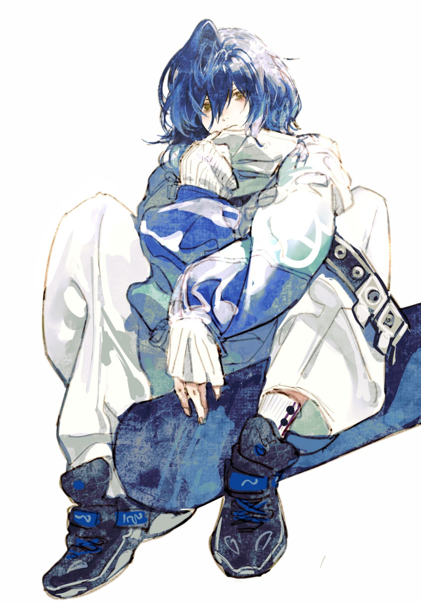 1girl, acyantree, adjusting_collar, black_footwear, blue_hair, crache_(path_to_nowhere), full_body, hair_between_eyes