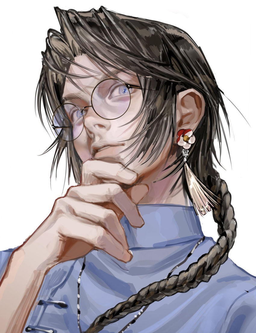 1boy, blue_eyes, blue_shirt, braid, brown_hair, collared_shirt, earrings, flower_earrings