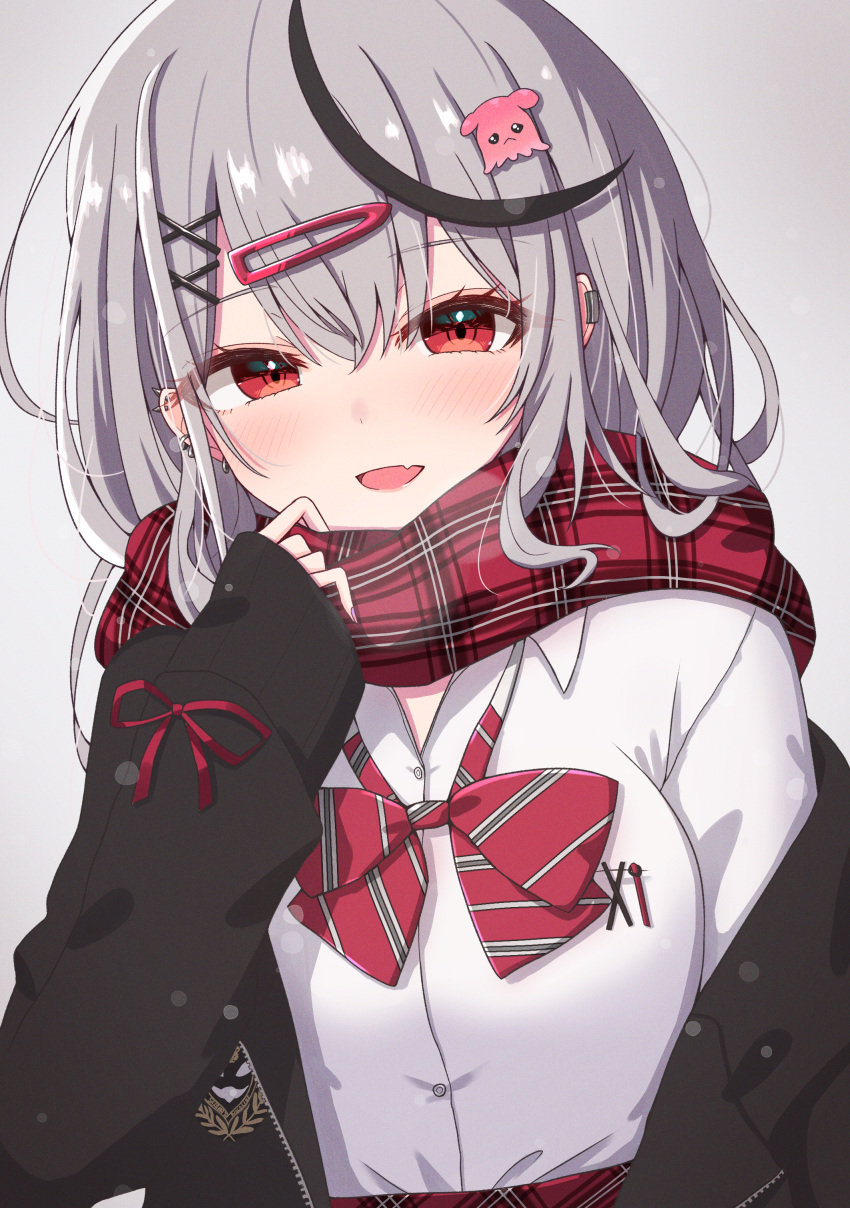 1girl, absurdres, adjusting_scarf, black_hair, black_jacket, bow, bowtie, breasts