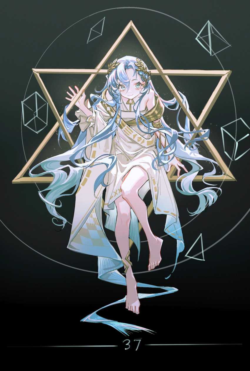 1girl, 37_(reverse:1999), ancient_greek_clothes, anklet, armlet, bare_legs, bare_shoulders, barefoot, black_background, blue_eyes, blue_hair, character_name, closed_mouth, cube, facing_viewer, full_body, geometry, gradient_background, greco-roman_clothes, hair_between_eyes, hand_up, hexagram, highres, jewelry, junjungua, laurel_crown, leaning_forward, long_hair, looking_to_the_side, reverse:1999, sitting, smile, solo, straight-on, tetrahedron, toga, triangle, very_long_hair