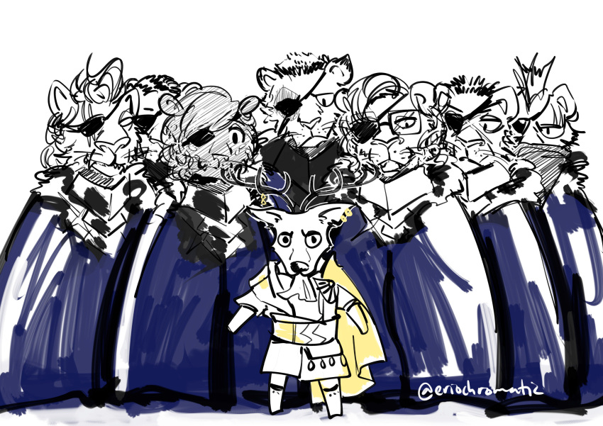 6+boys, absurdres, agata_(beastars), animal_ears, antlers, beastars, chibi, claude_von_riegan, commentary_request, cosplay, cross_scar, deer_antlers, deer_boy, deer_ears, dimitri_alexandre_blaiddyd, dimitri_alexandre_blaiddyd_(cosplay), dolph_(beastars), english_commentary, eriochromatic, eyepatch, fire_emblem, fire_emblem:_three_houses, free_(beastars), furry, furry_male, glasses, highres, horns, ibuki_(beastars), jinma_(beastars), lion_boy, lion_ears, lion_mane, louis_(beastars), male_focus, miguel_(beastars), multiple_boys, one_eye_covered, sabu_(beastars), scar, scar_across_eye, scar_on_face, scar_on_nose, twitter_username, white_background