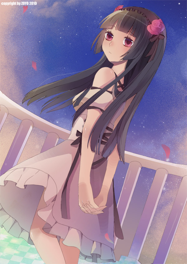 bare_shoulders, black_hair, blush, flower, gokou_ruri, hairband, long_hair, ore_no_imouto_ga_konna_ni_kawaii_wake_ga_nai