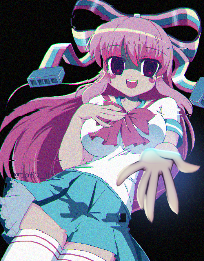 1girl, giffany, gravity_falls, hair_ribbon, long_hair, mameda_toofu, multicolored_ribbon, multicolored_sailor_collar, open_mouth, pink_hair, pleated_skirt, ribbon, ribbon_cable, school_uniform, shirt, short_sleeves, sidelocks, skirt, sleeve_cuffs, solo, teeth, very_long_hair, white_shirt